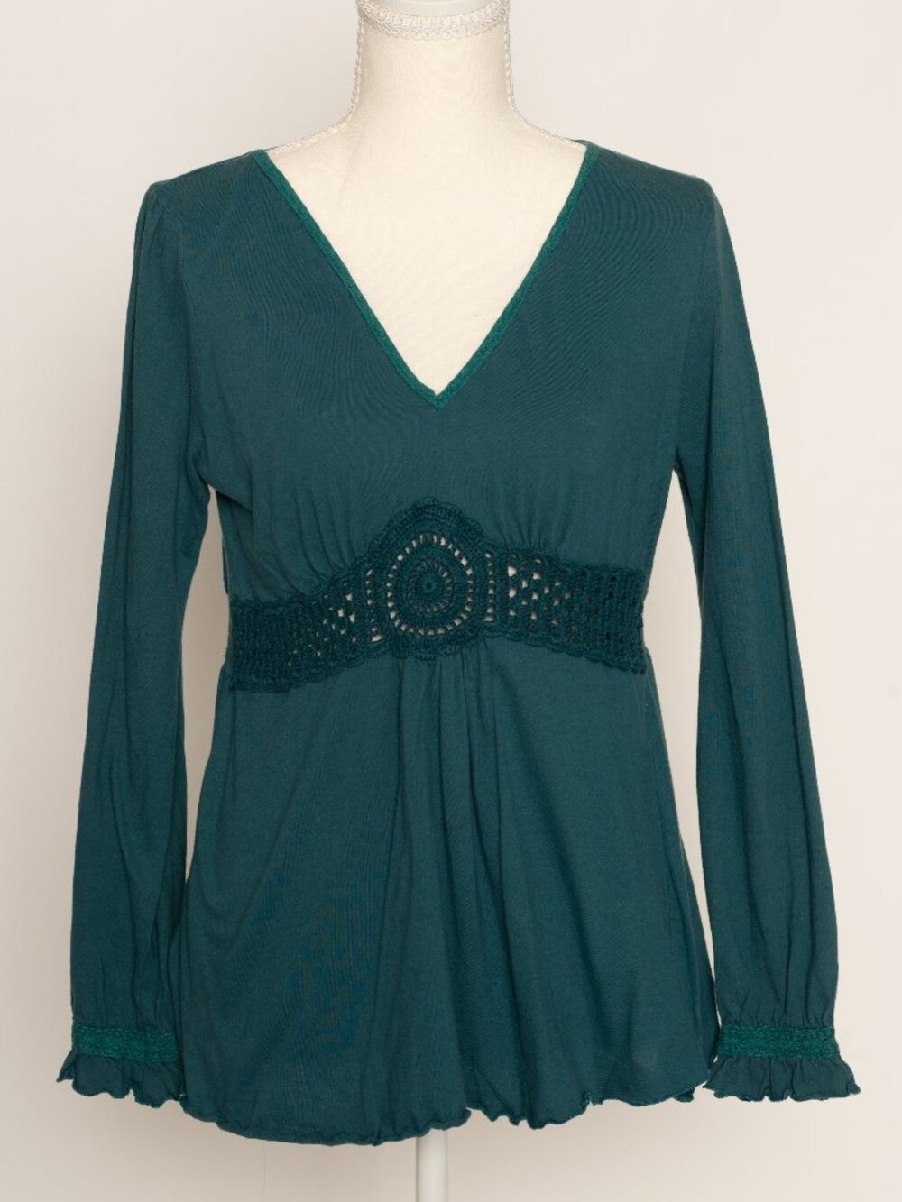 BCBGMaxAzria Teal Crochet Empire Waist V-Neck Top Large Y2K Fairycore Boho